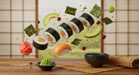Floating sushi rolls with fresh ingredients and wasabi