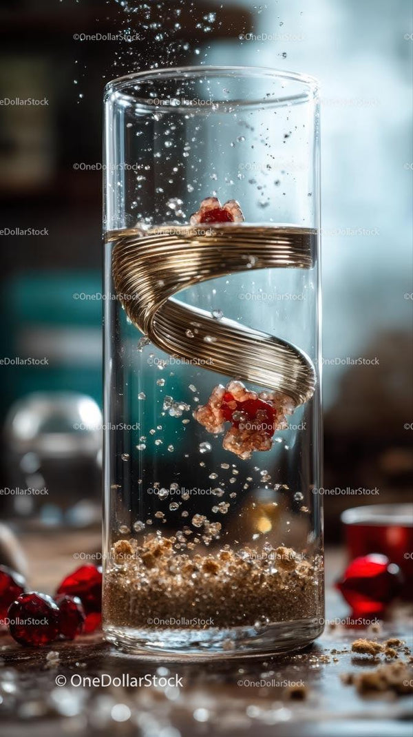 Glass with Liquid Splash and Metallic Coil with Pomegranate Seeds