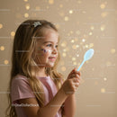 Smiling girl holding glowing spoon surrounded by sparkles