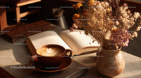 Dried Flowers in Amber Jar with Coffee and Open Book