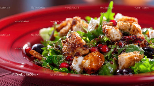 Fresh Mixed Salad with Spinach Pomegranate Croutons and Chicken