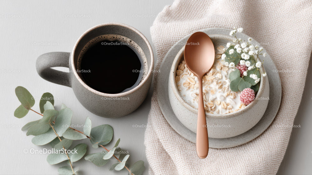 Rustykalna ceramiczna miska na kawę i owsiankę z malinami i kwiatami