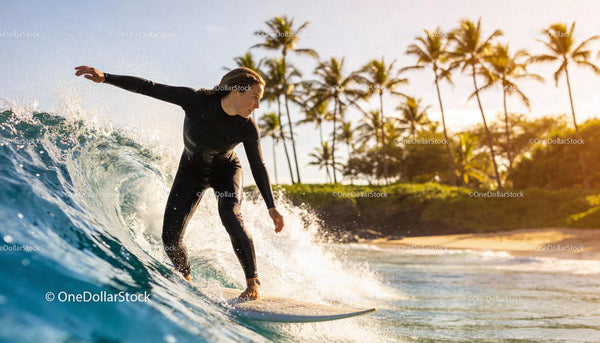 Woman Surfing on Ocean Wave at Tropical Beach