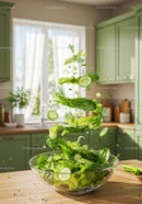 Fresh green salad ingredients levitating in glass bowl