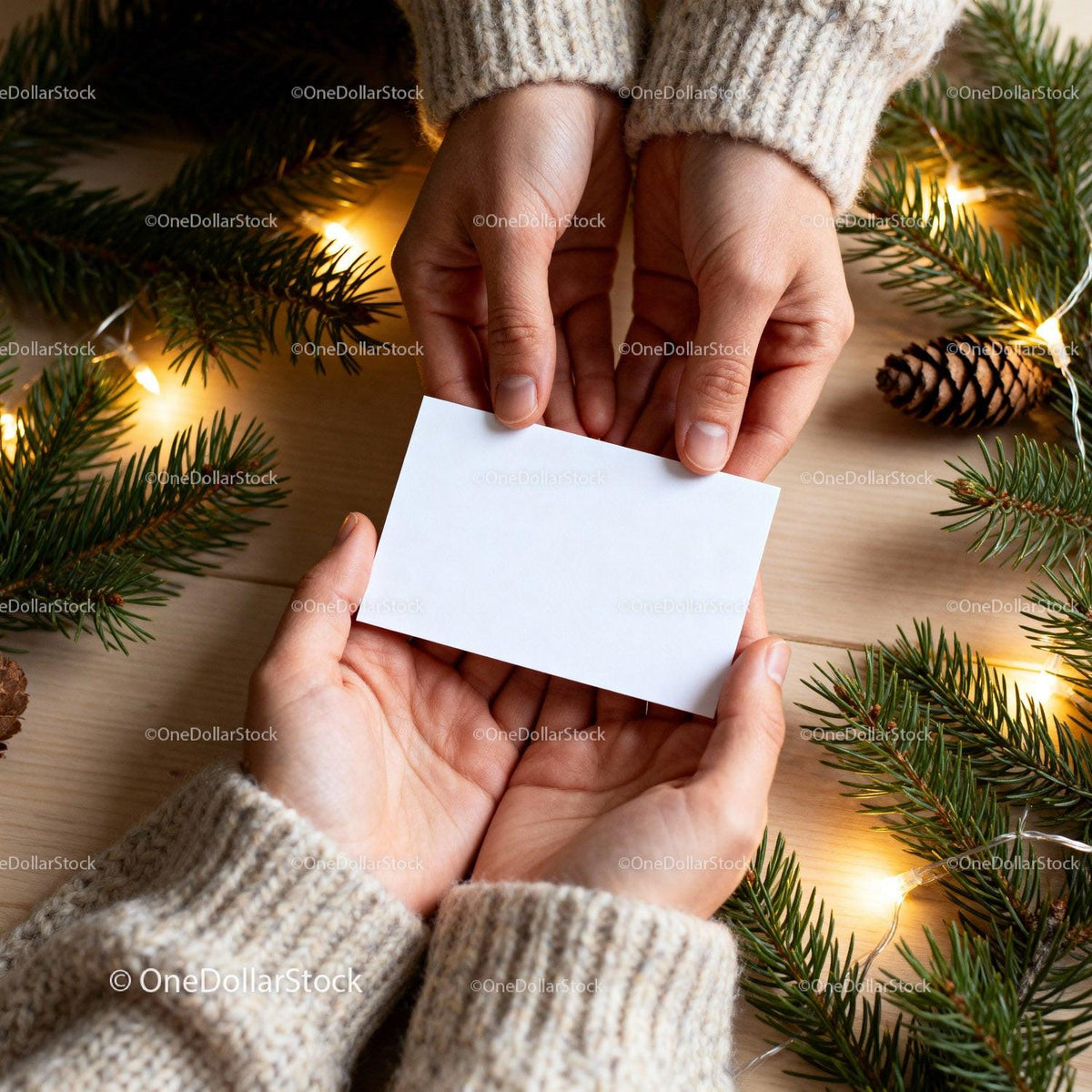 Hands exchanging blank card with Christmas decorations JPG Mockup Image preview