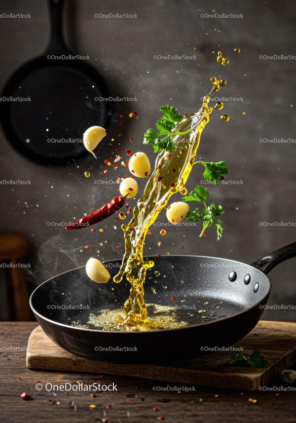Spices and oil splashing in black frying pan