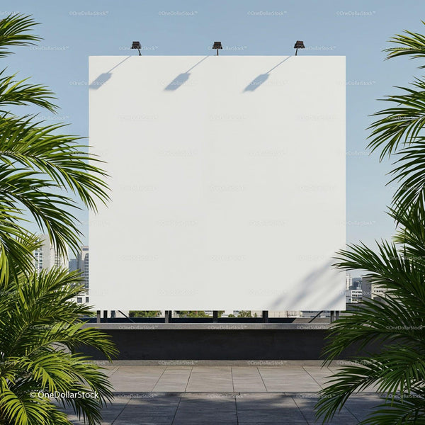Blank Billboard on Urban Rooftop with Palm Trees JPG Mockup Image