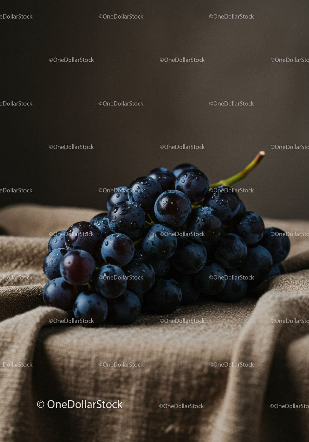 Fresh wet black grapes lying on brown fabric surface