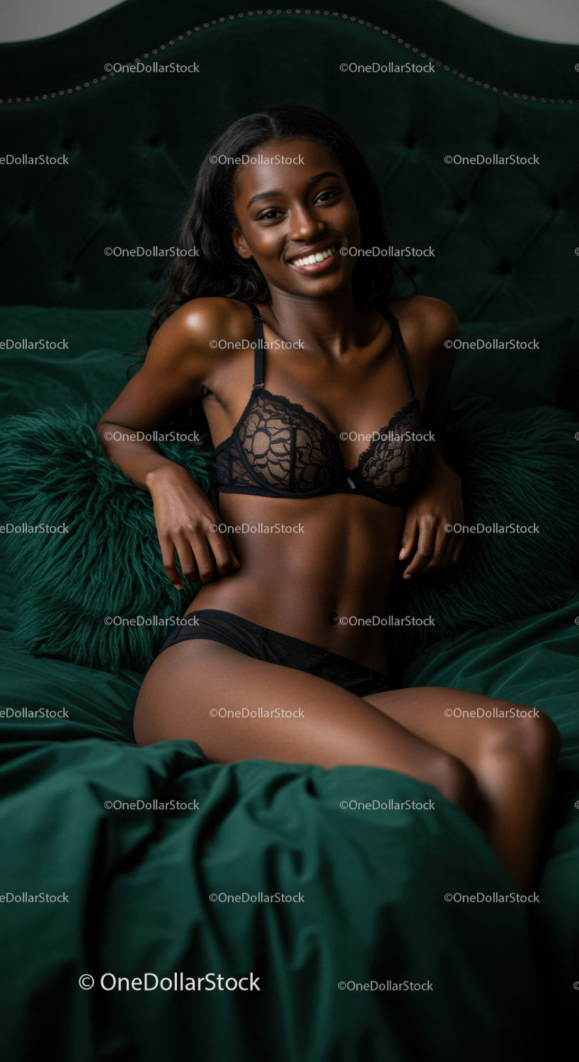 Smiling woman posing confidently on green velvet bed