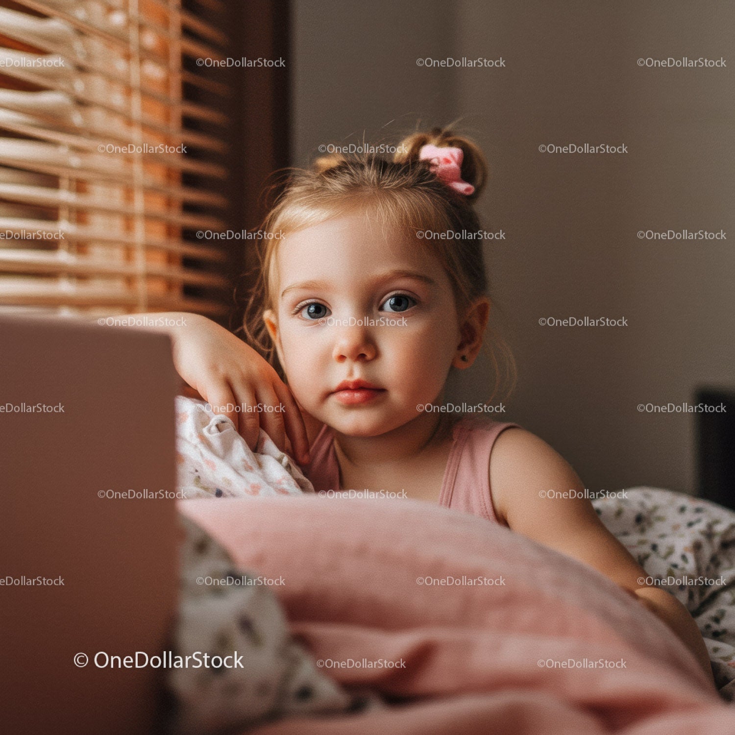 Young Girl Resting in Cozy Bedroom with Wooden Blinds