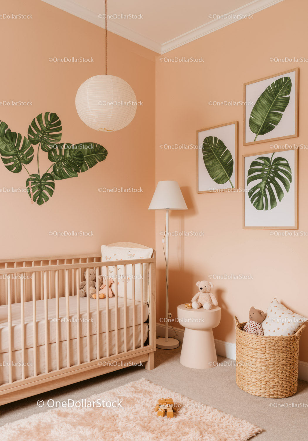 Modern Nursery Room with Tropical Leaf Wall Art and Baby Crib