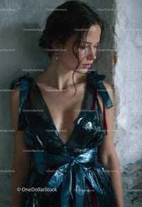 Elegant Young Woman in Shiny Black Dress Posing Indoors