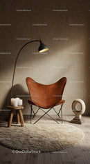 Cozy leather chair with soft lighting and minimalist decor