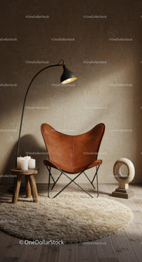 Cozy leather chair with soft lighting and minimalist decor