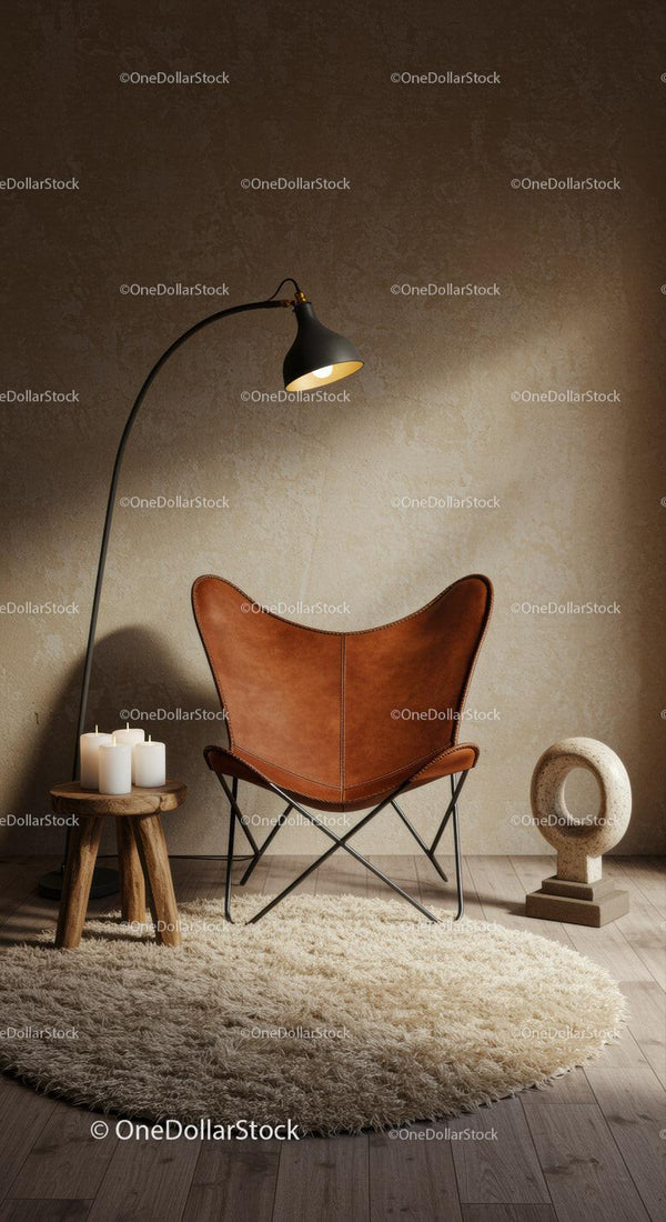 Cozy leather chair with soft lighting and minimalist decor