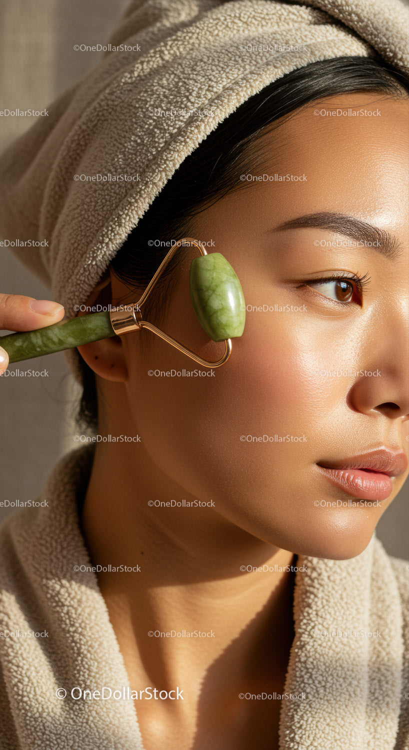 Beauty Woman Receiving Jade Facial Massage for Glowing Skin