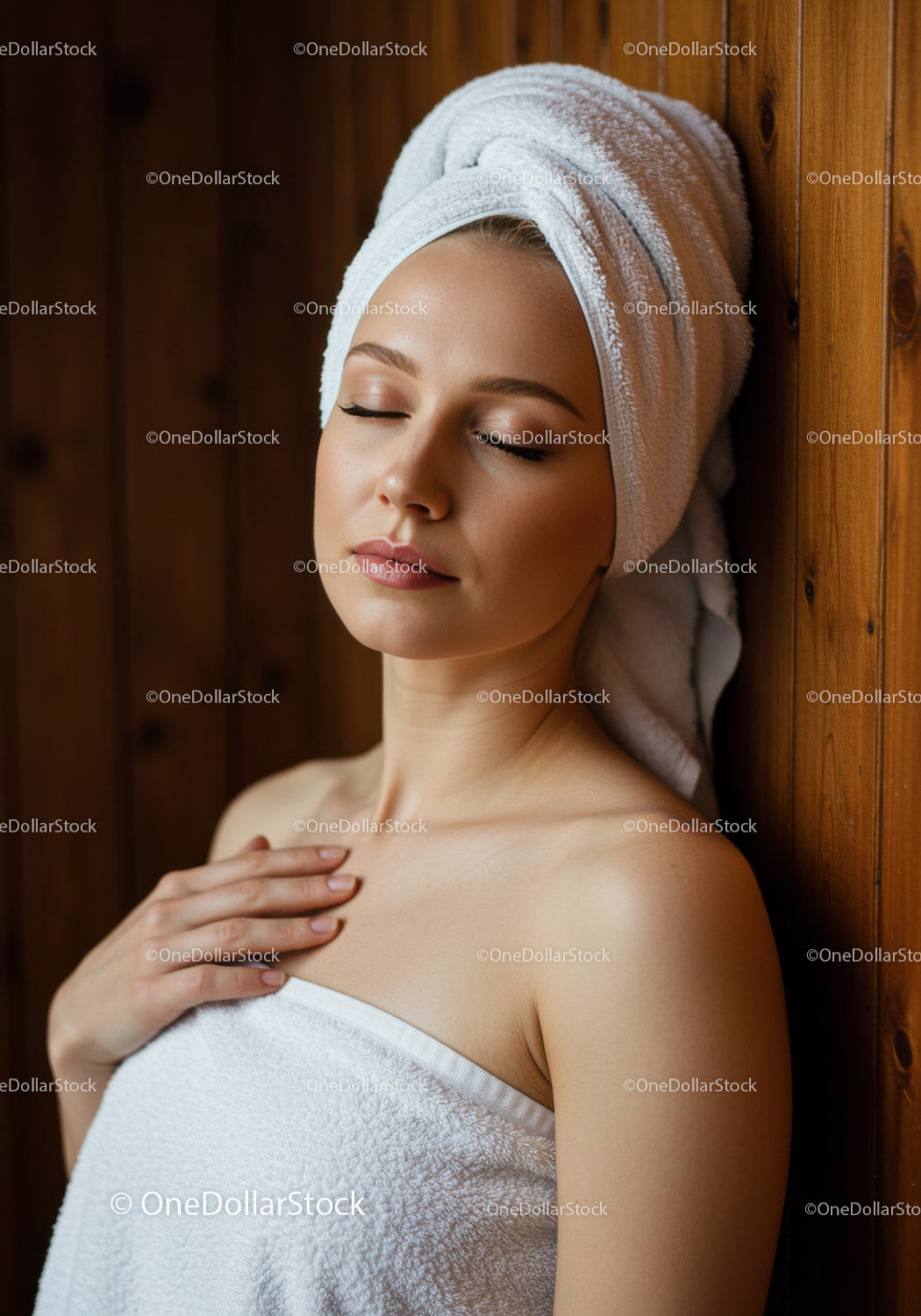Relaksująca się kobieta z ręcznikiem i zamkniętymi oczami w otoczeniu spa
