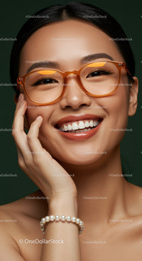 Smiling woman with orange glasses and pearl bracelet