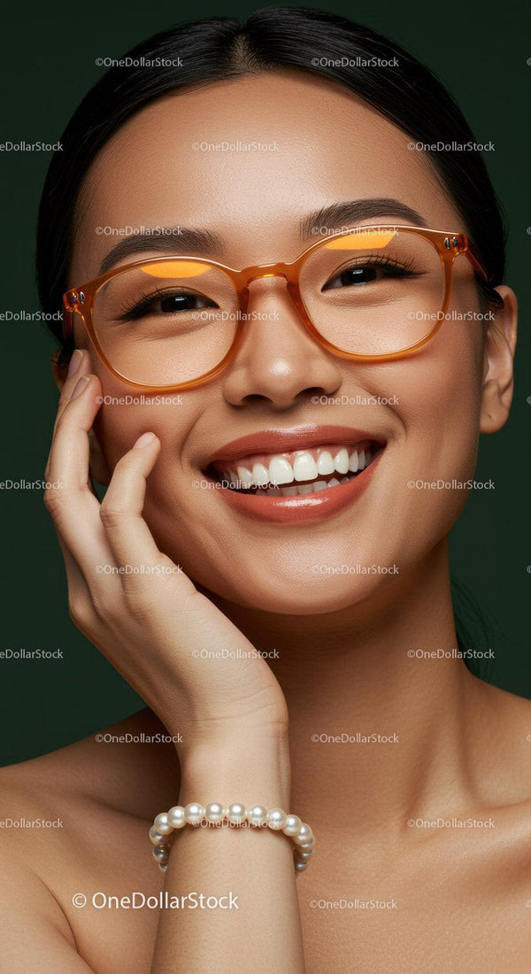 Smiling woman with orange glasses and pearl bracelet