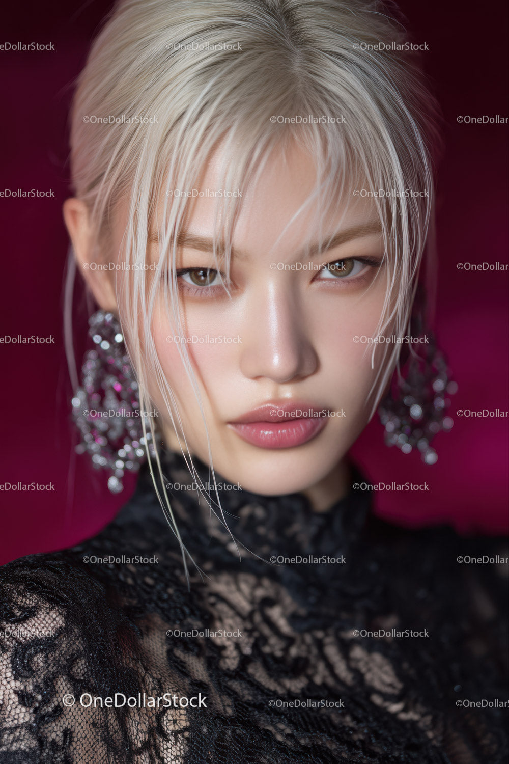 Elegant Woman with Platinum Blonde Hair and Lace Dress Portrait