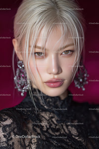 Elegant Woman with Platinum Blonde Hair and Lace Dress Portrait