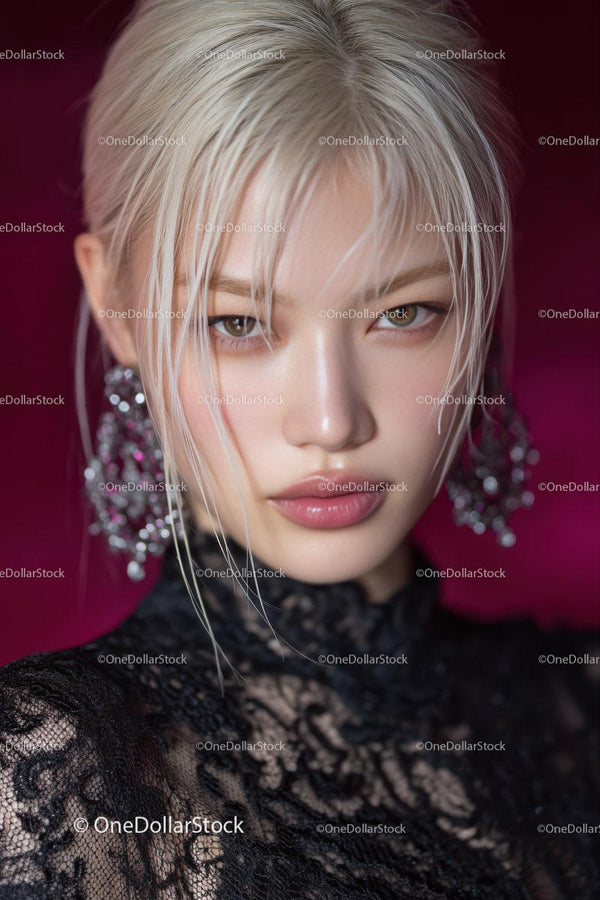 Elegant Woman with Platinum Blonde Hair and Lace Dress Portrait