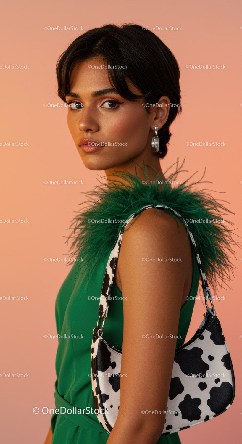 Stylish Woman in Green Dress with Cow Print Purse and Modern Jewelry