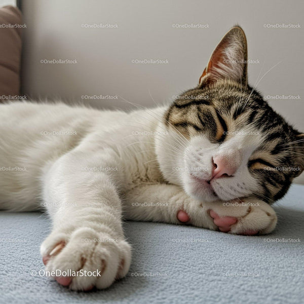 Tabby cat peacefully sleeping on soft blue blanket