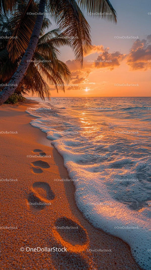 Tropical Beach Sunset with Palm Trees and Ocean Waves