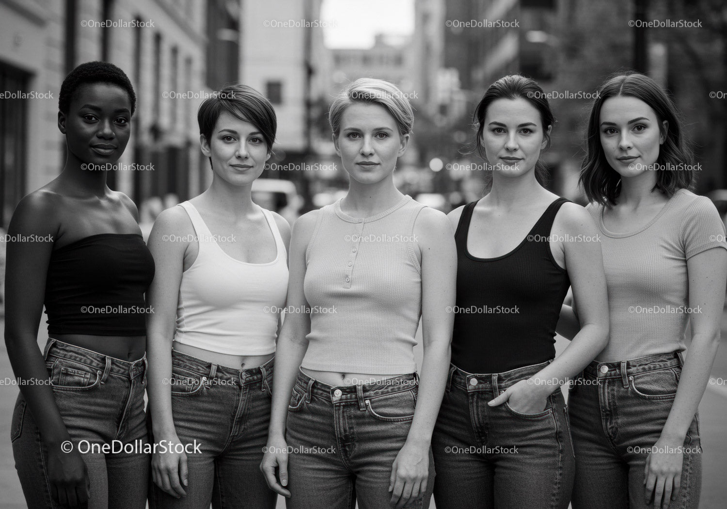 Diverse young women standing united in urban street
