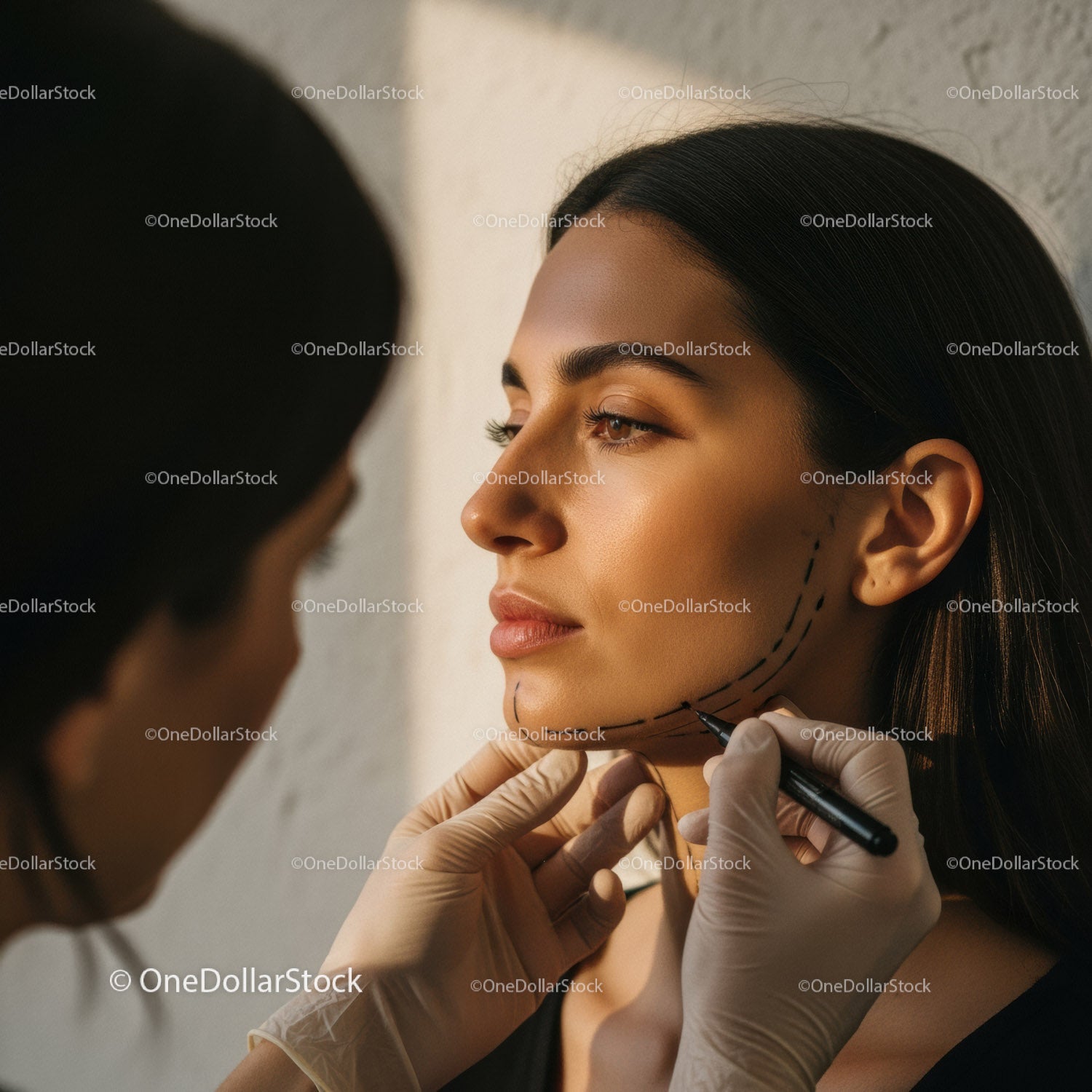 Female Model Undergoing Facial Contouring Procedure in Medical Clinic