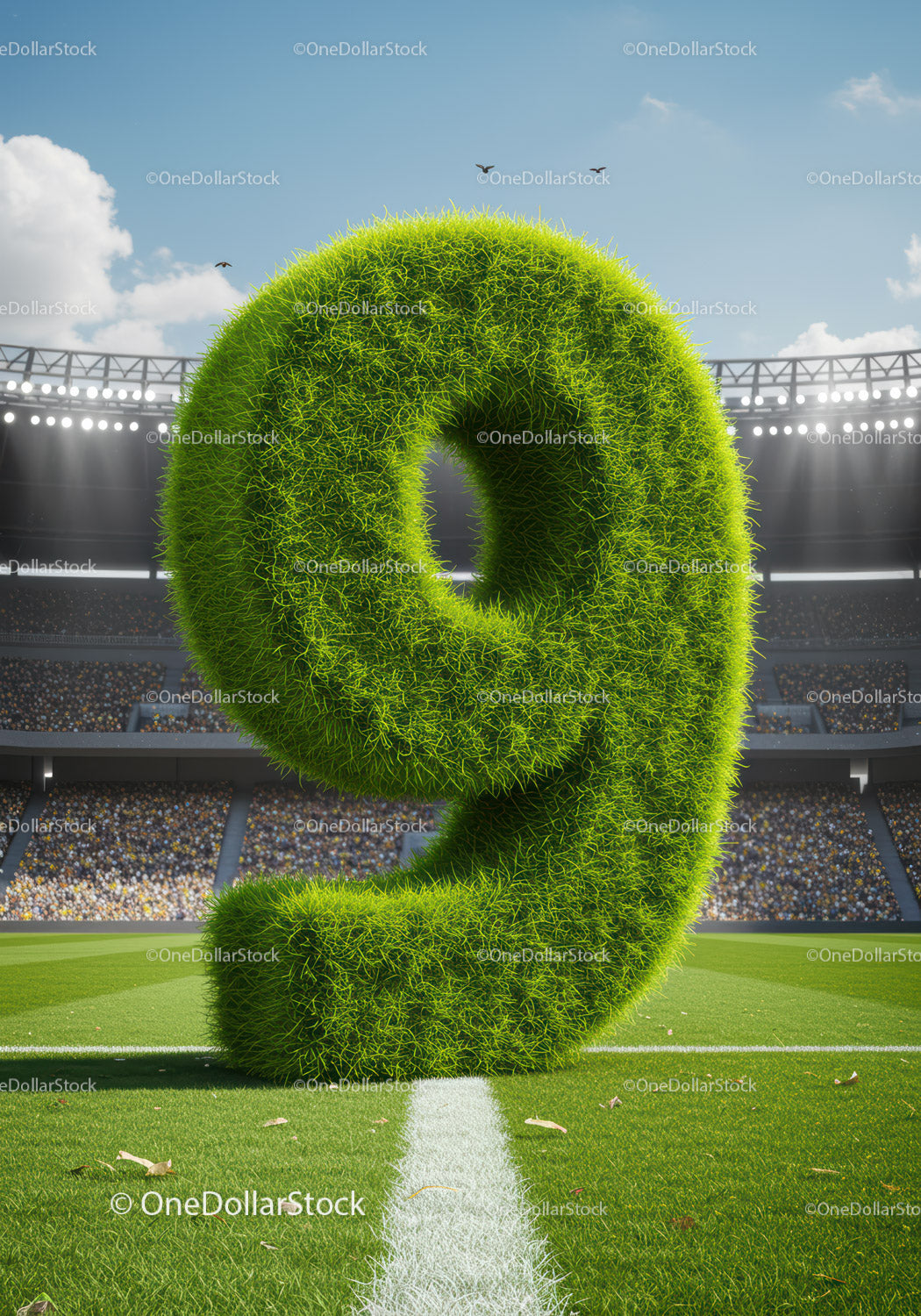 Large Grass Number Nine Displayed on Football Field