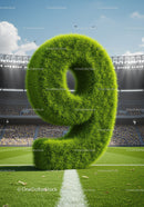 Large Grass Number Nine Displayed on Football Field