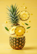 Fresh pineapple slices and leaves floating on yellow