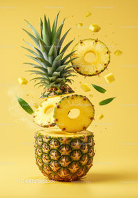 Fresh pineapple slices and leaves floating on yellow