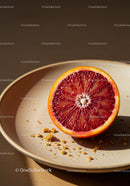 Fresh blood orange half on beige ceramic plate