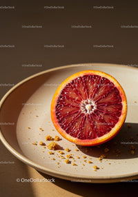 Fresh blood orange half on beige ceramic plate