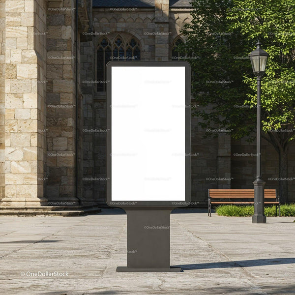 Blank vertical street billboard in historic town square JPG Mockup Image