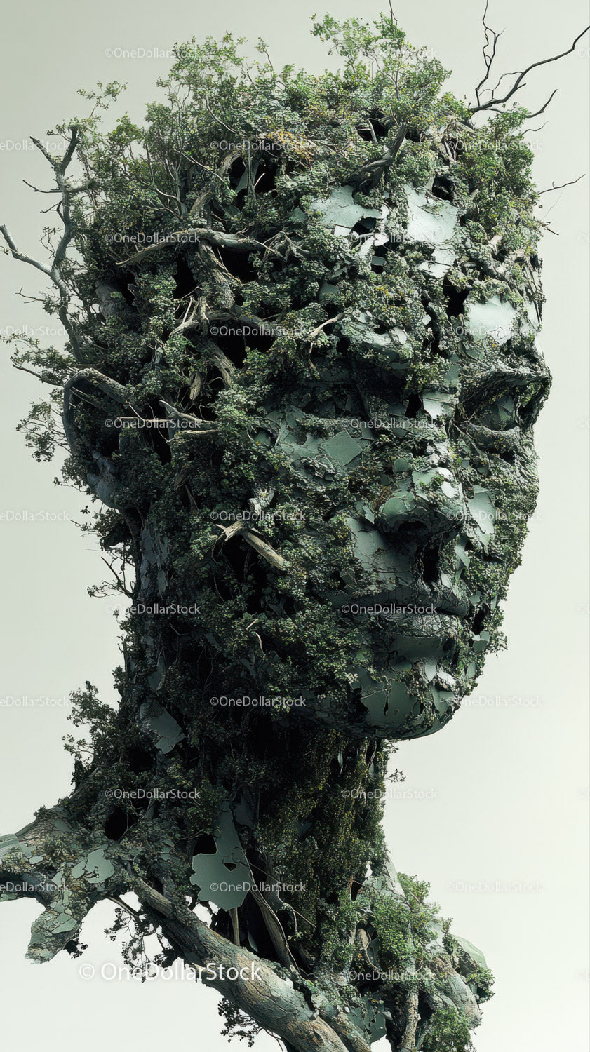 Tree-Form Organic Sculpture with Lush Greenery and Leafy Textures