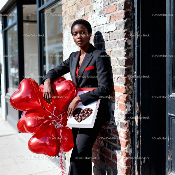 Elegant woman with heart balloons and chocolates outdoors