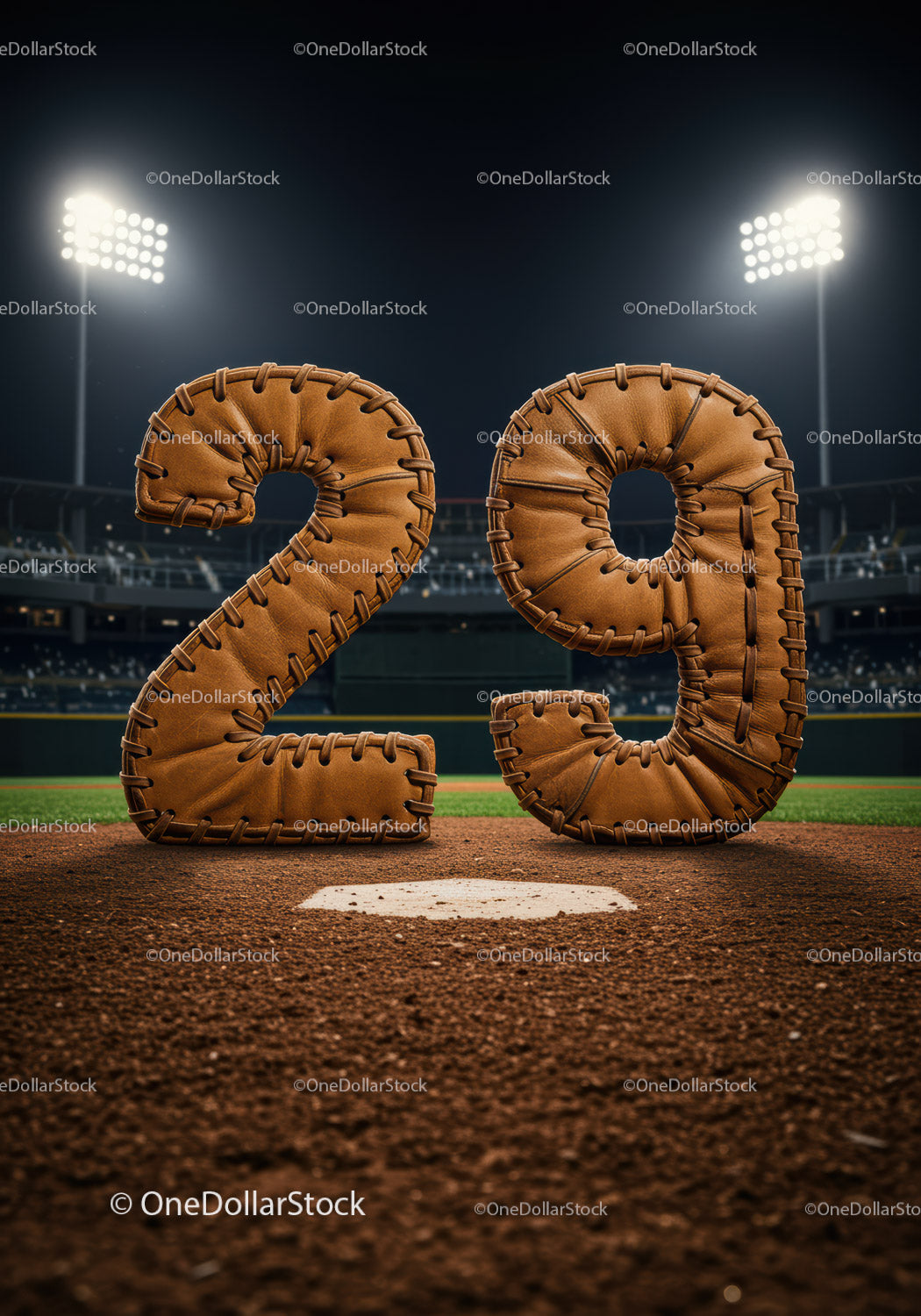 Baseball themed number twenty nine at night stadium