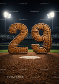 Baseball themed number twenty nine at night stadium