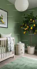 Green Indoor Nursery Decor with Lemon Tree and Cozy Baby Crib