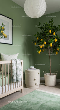 Green Indoor Nursery Decor with Lemon Tree and Cozy Baby Crib