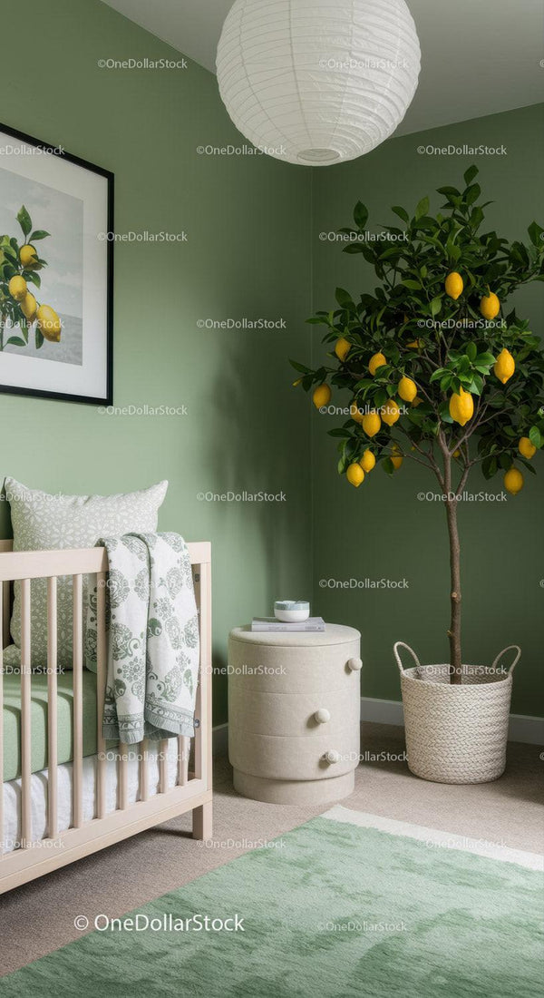 Green Indoor Nursery Decor with Lemon Tree and Cozy Baby Crib