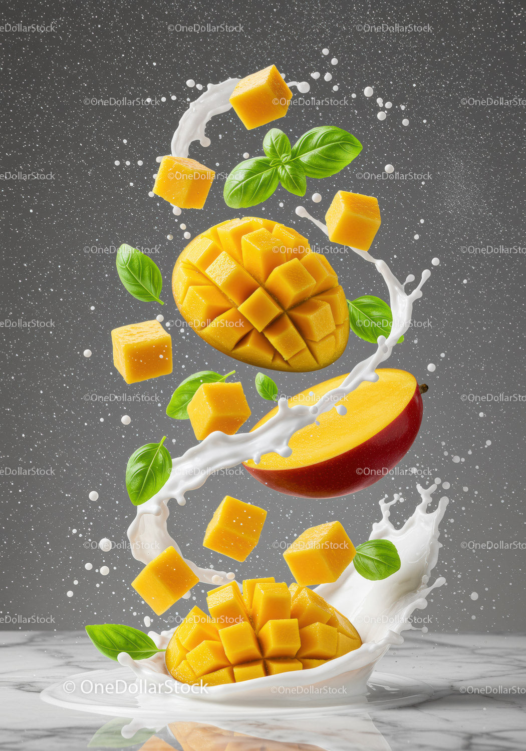 Fresh mango pieces splashing in creamy milk swirl