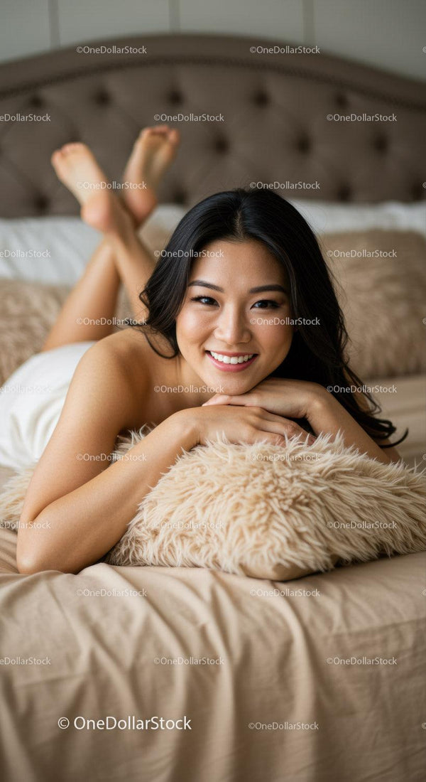 Smiling woman relaxing on bed with soft pillow