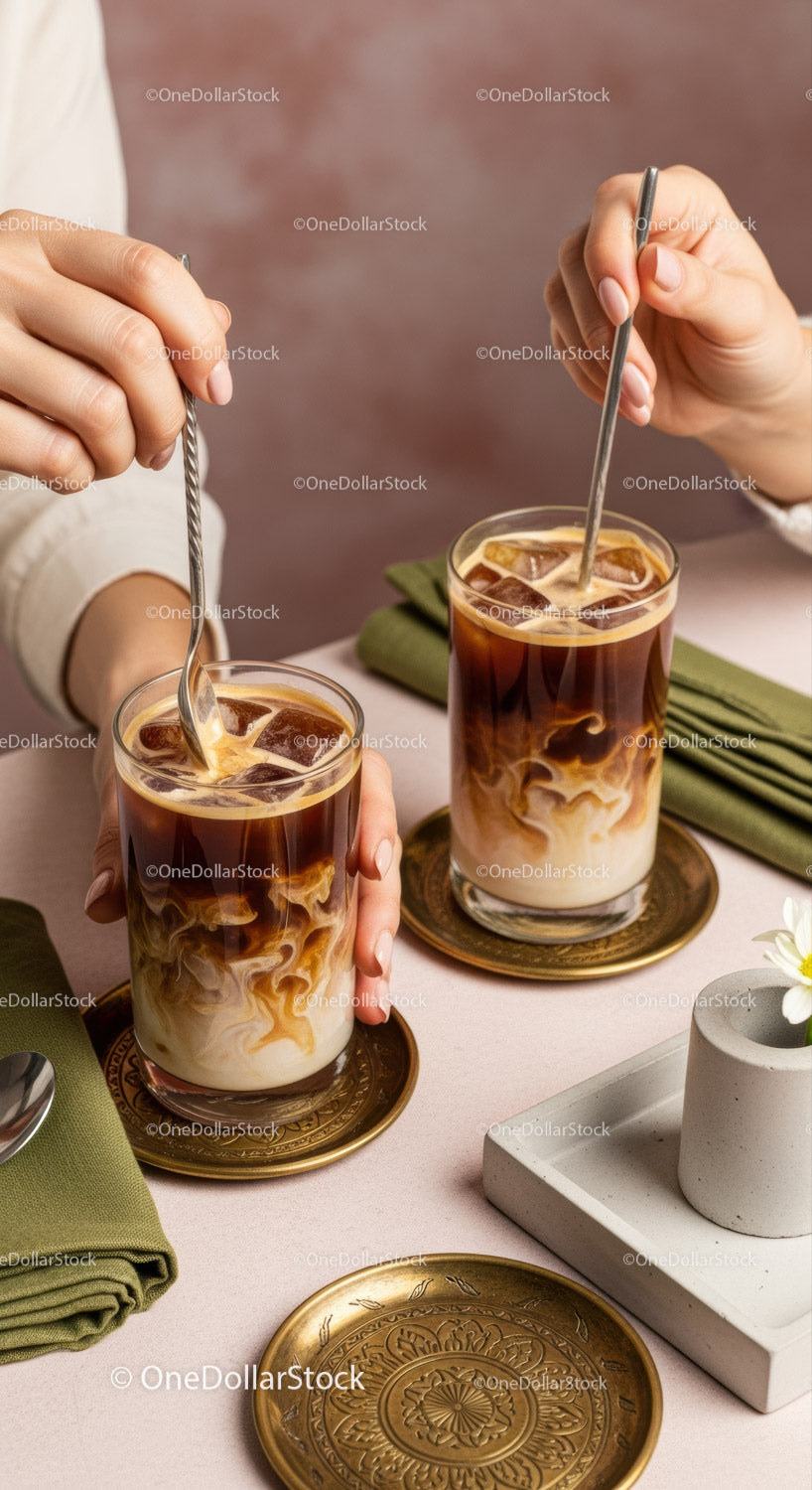 Two Iced Coffee Latte Drinks in Elegant Glasses