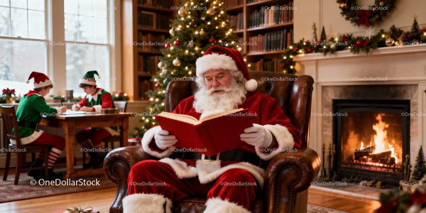 Santa Claus Reading by Cozy Fireplace in Festive Room
