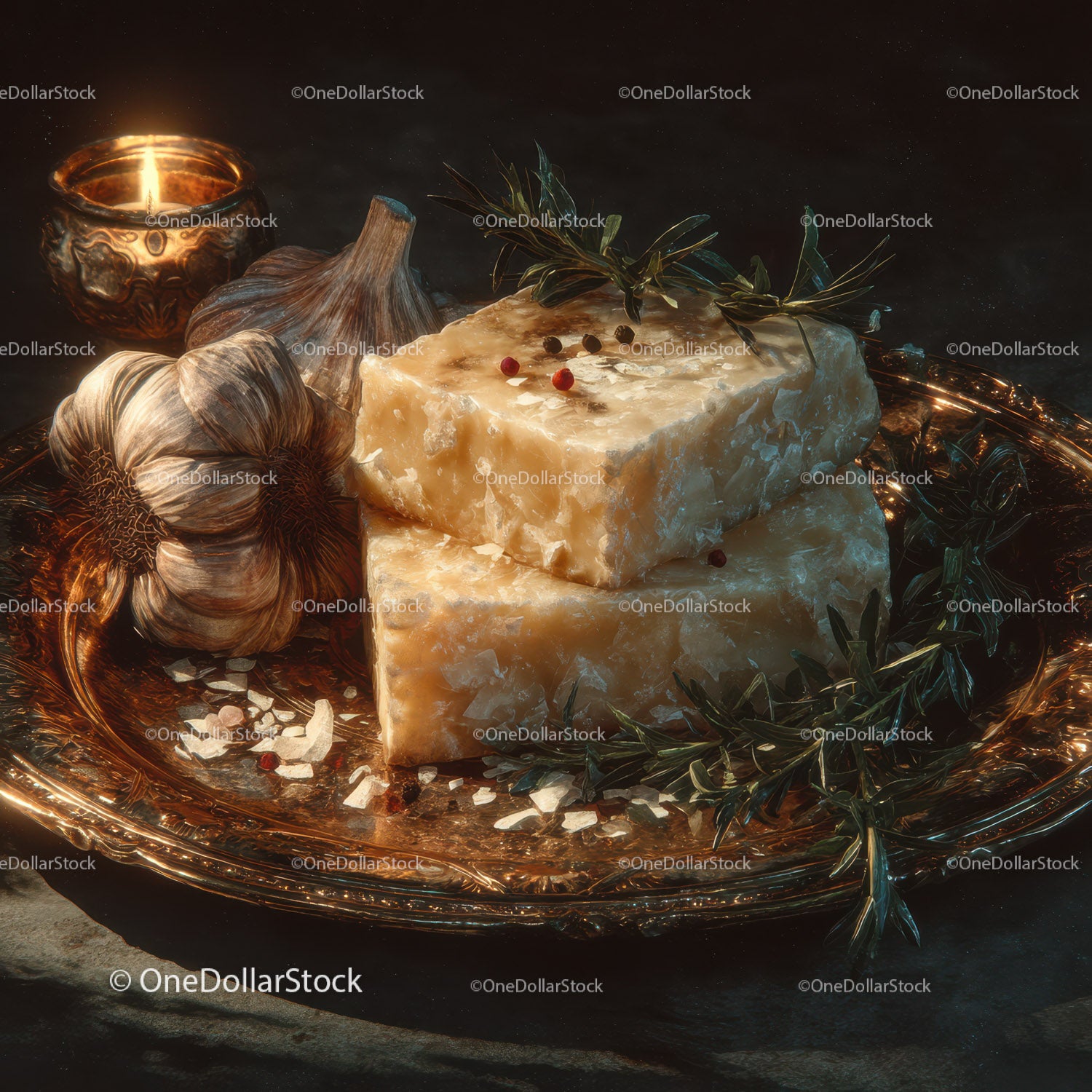 Gourmet Cheese Block with Garlic and Herbs on Copper Tray